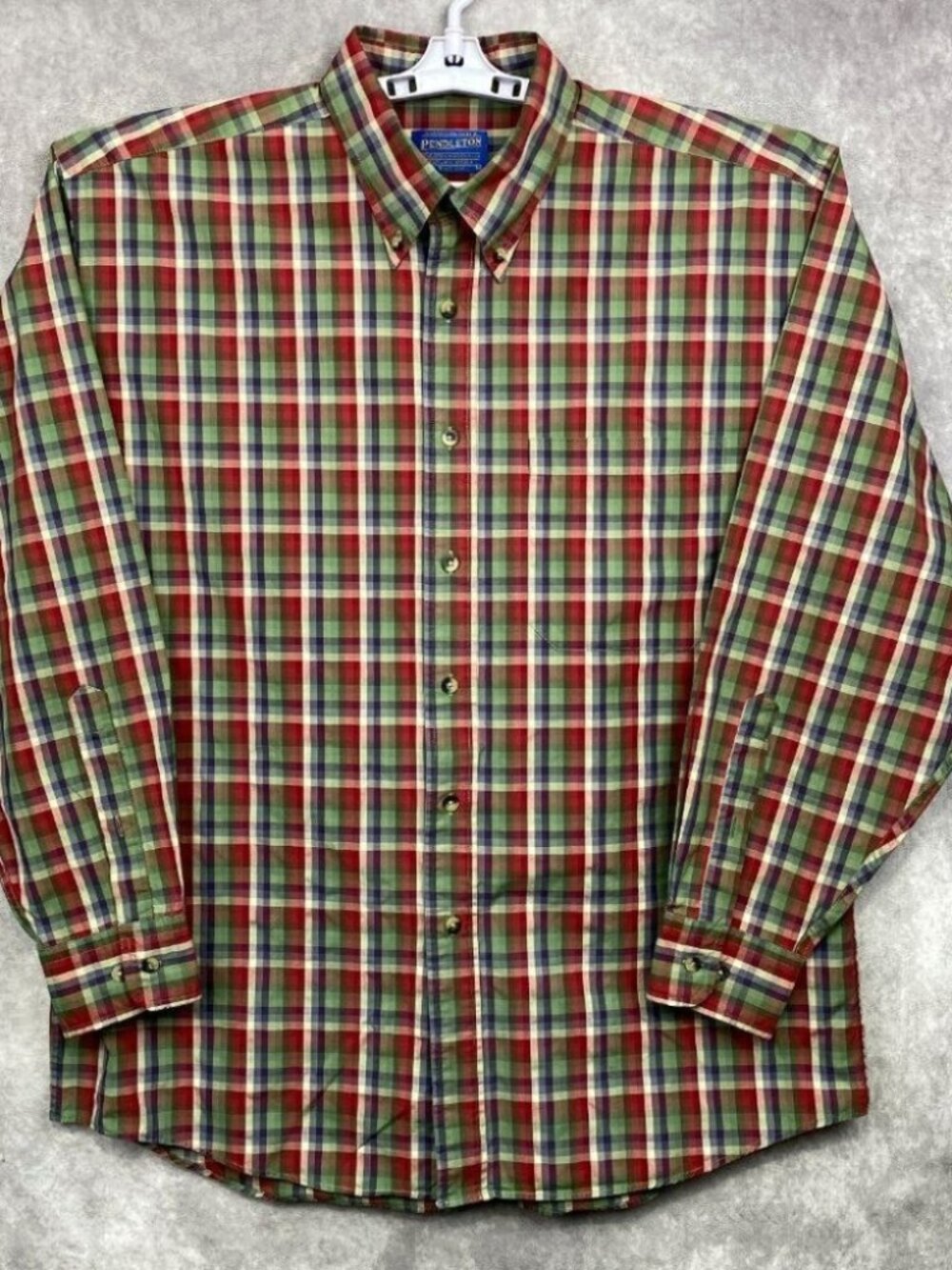 PENDLETON Button Down Shirt Mens Large Red Green Blue Check Plaid 100% Cotton